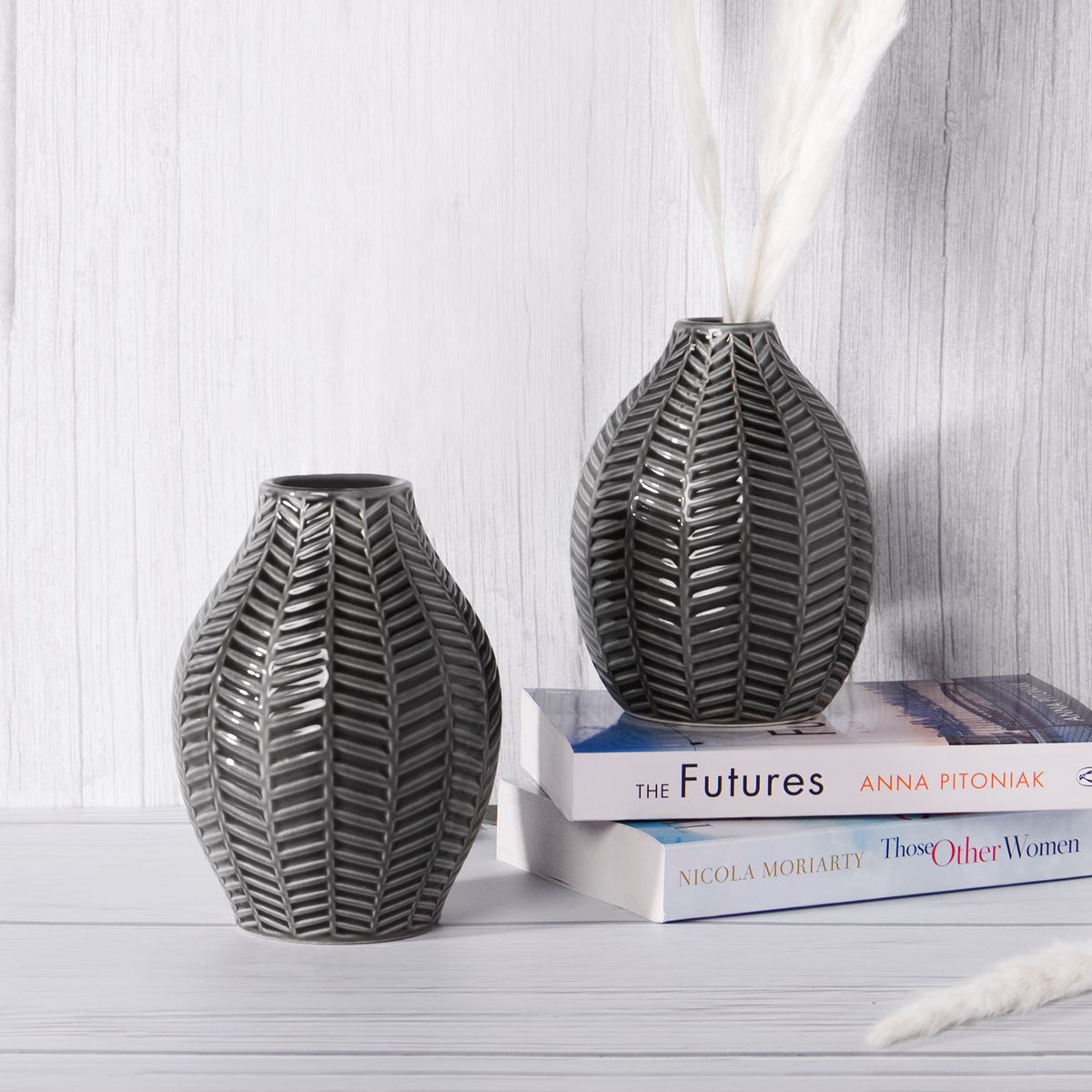 Grey Ceramic Leaf Inspired Vases - Set of 2
