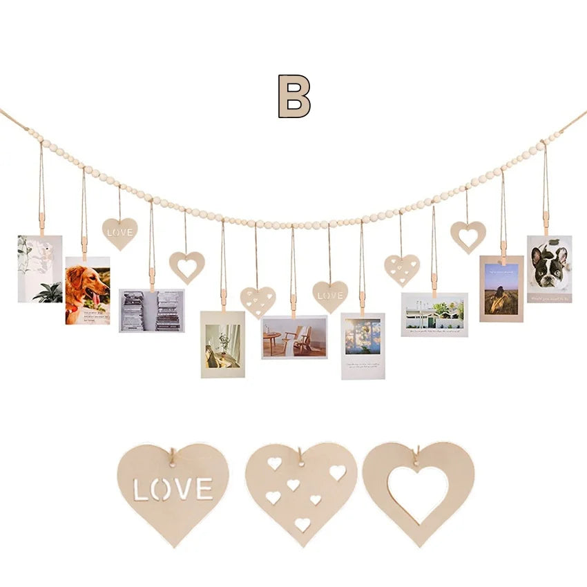 Hanging Photo Display Wall Decor - Rustic Boho Wooden Beads Garland Frame with 9 Wood Clips & 6 Wooden Heart Tags, Picture Card