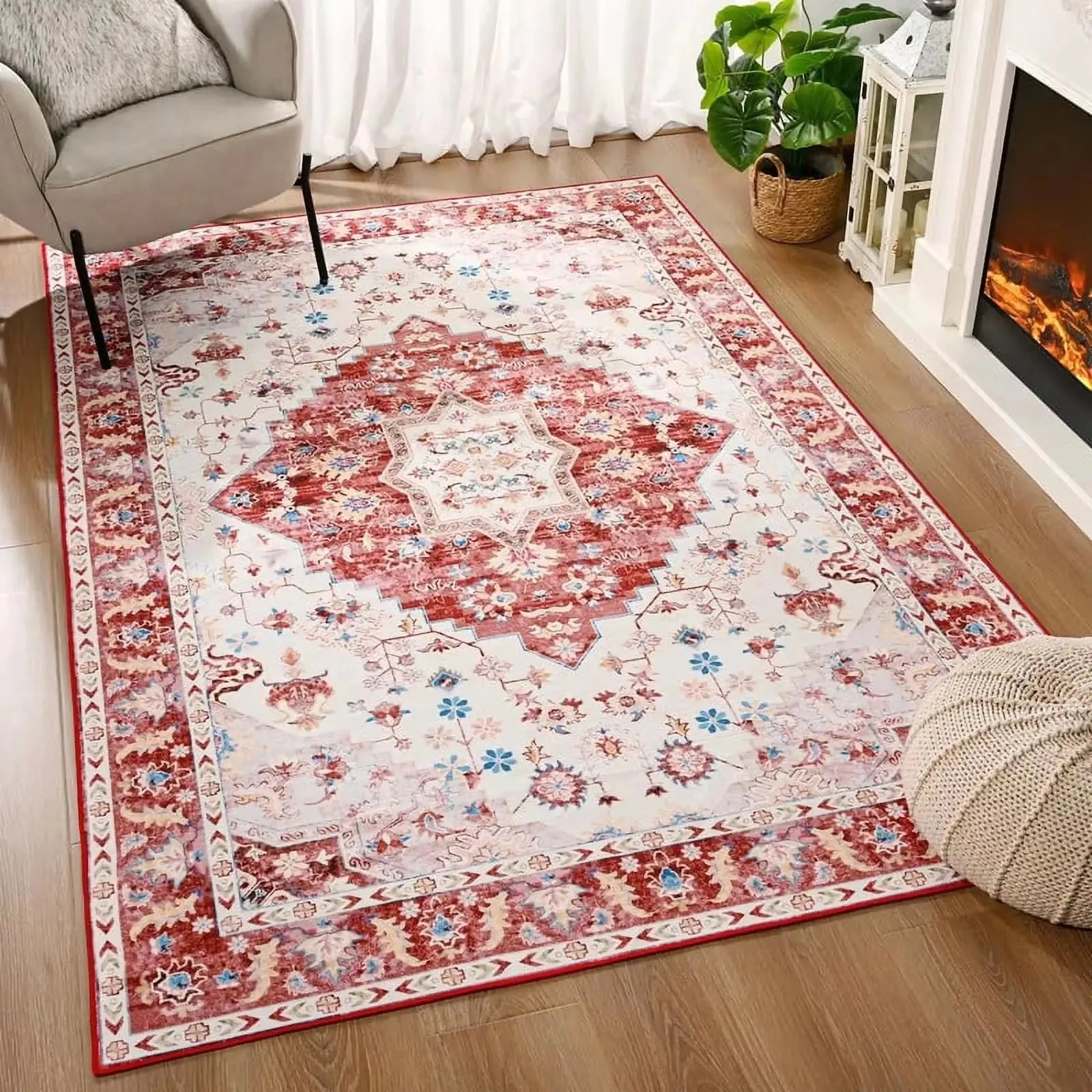 Soft Boho Carpet for Living Room Bedroom Restaurant Persian Rug Large Size Area Vintage Flower for Boys Girls and Adults Mat