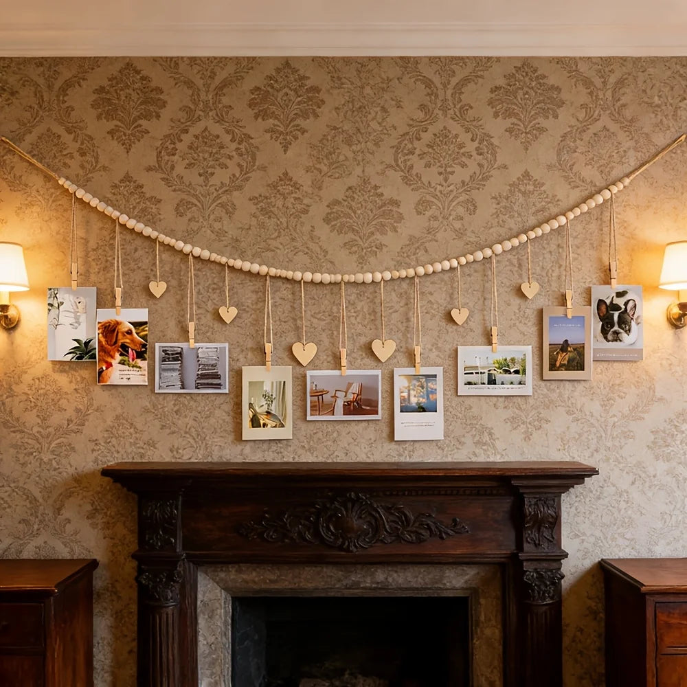 Hanging Photo Display Wall Decor - Rustic Boho Wooden Beads Garland Frame with 9 Wood Clips & 6 Wooden Heart Tags, Picture Card