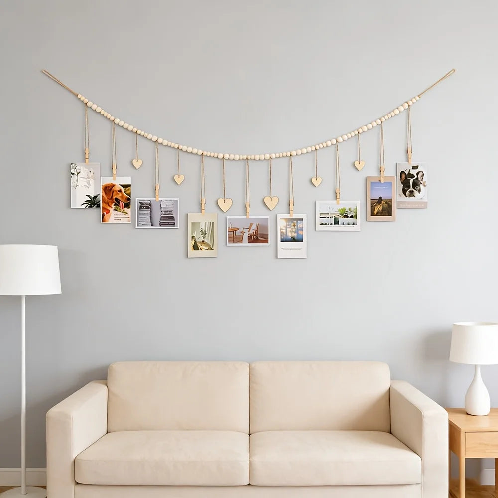 Hanging Photo Display Wall Decor - Rustic Boho Wooden Beads Garland Frame with 9 Wood Clips & 6 Wooden Heart Tags, Picture Card