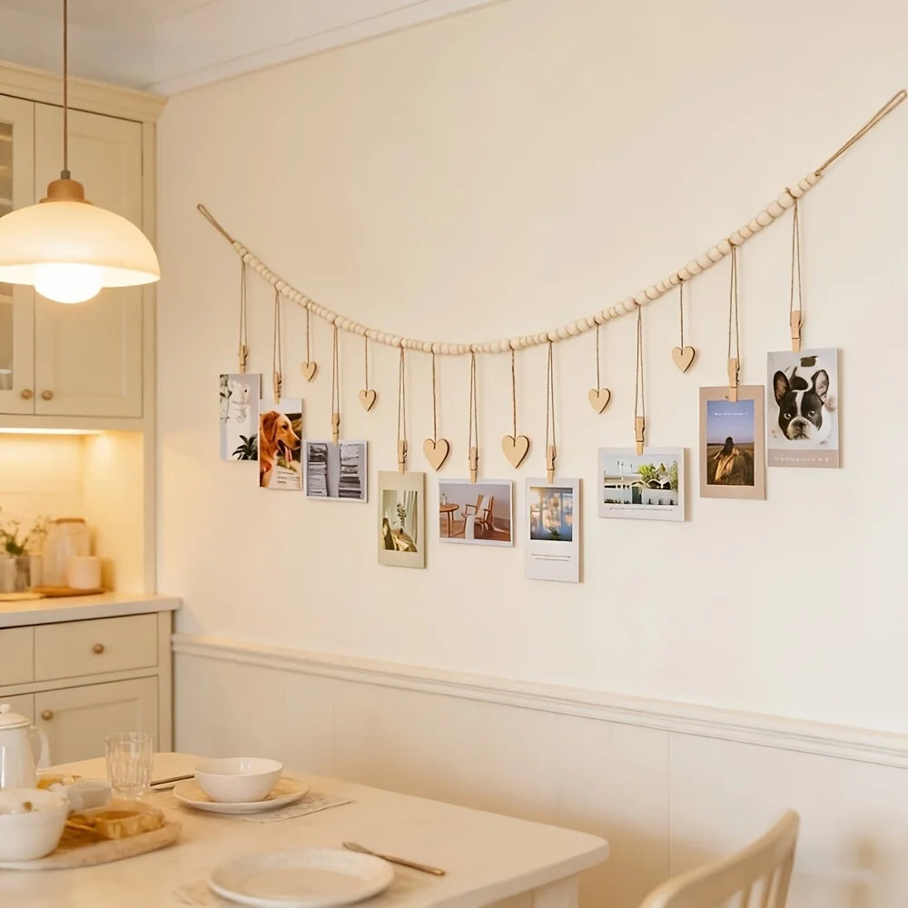 Hanging Photo Display Wall Decor - Rustic Boho Wooden Beads Garland Frame with 9 Wood Clips & 6 Wooden Heart Tags, Picture Card