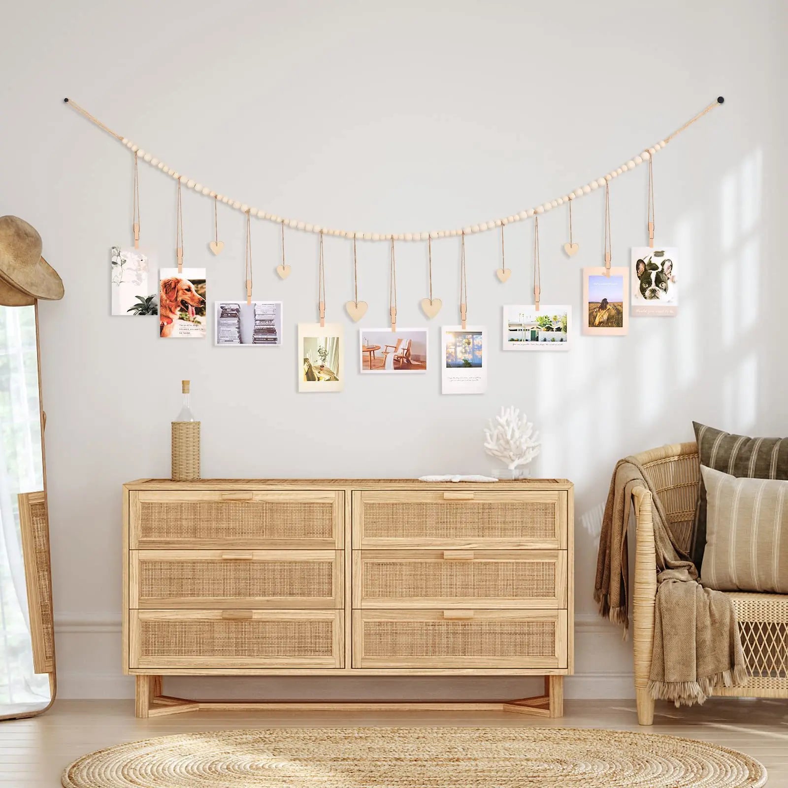Hanging Photo Display Wall Decor - Rustic Boho Wooden Beads Garland Frame with 9 Wood Clips & 6 Wooden Heart Tags, Picture Card
