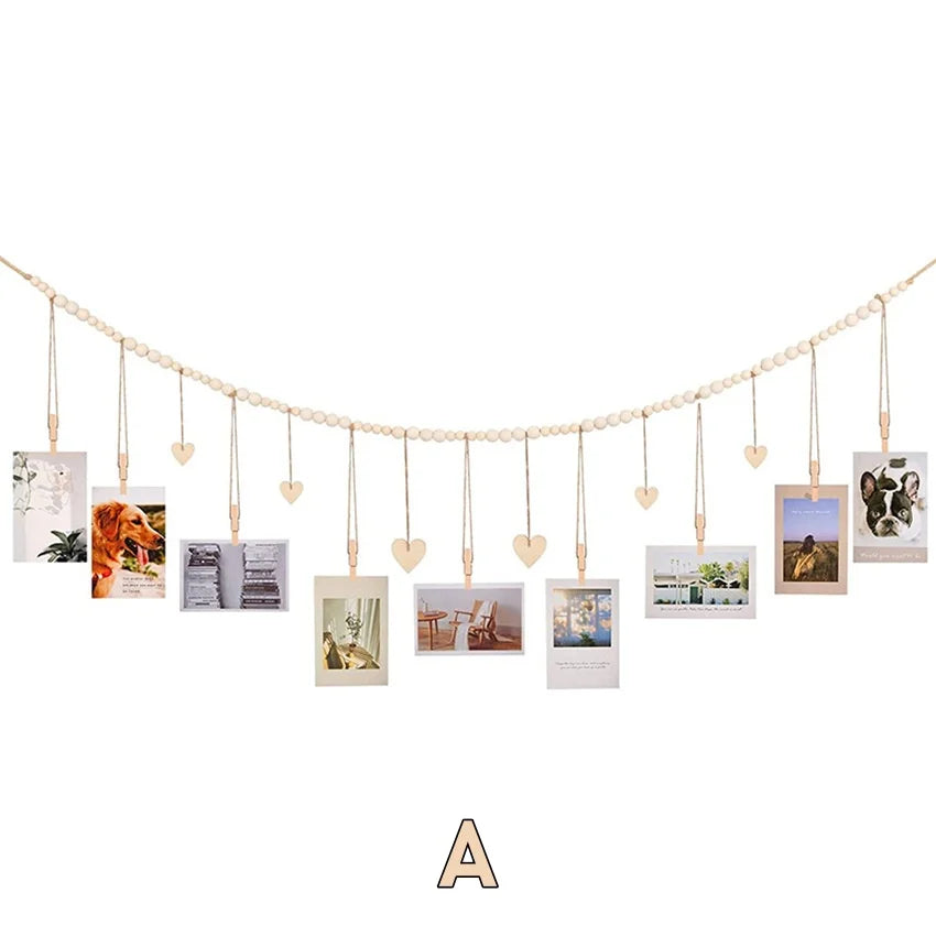 Hanging Photo Display Wall Decor - Rustic Boho Wooden Beads Garland Frame with 9 Wood Clips & 6 Wooden Heart Tags, Picture Card