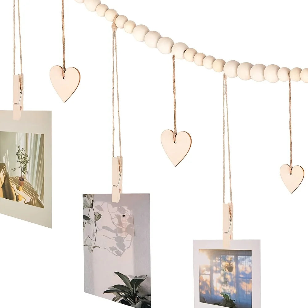 Hanging Photo Display Wall Decor - Rustic Boho Wooden Beads Garland Frame with 9 Wood Clips & 6 Wooden Heart Tags, Picture Card