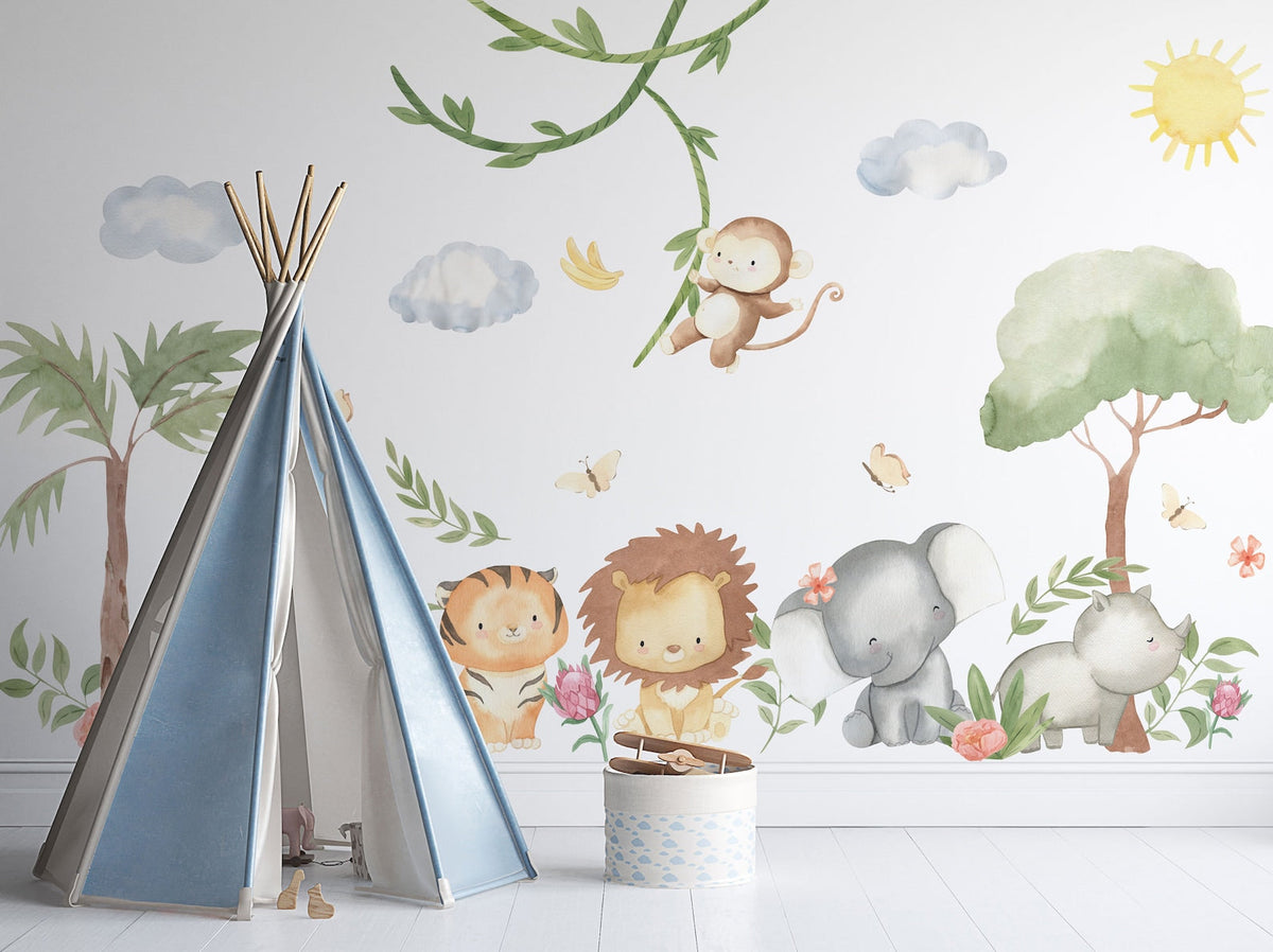 XL Safari Wall Sticker Set for Kids | Safari Animals | Wall Decal | Africa Watercolor Decal Set | Nursery Peel and Stick Nursery Wall Decor