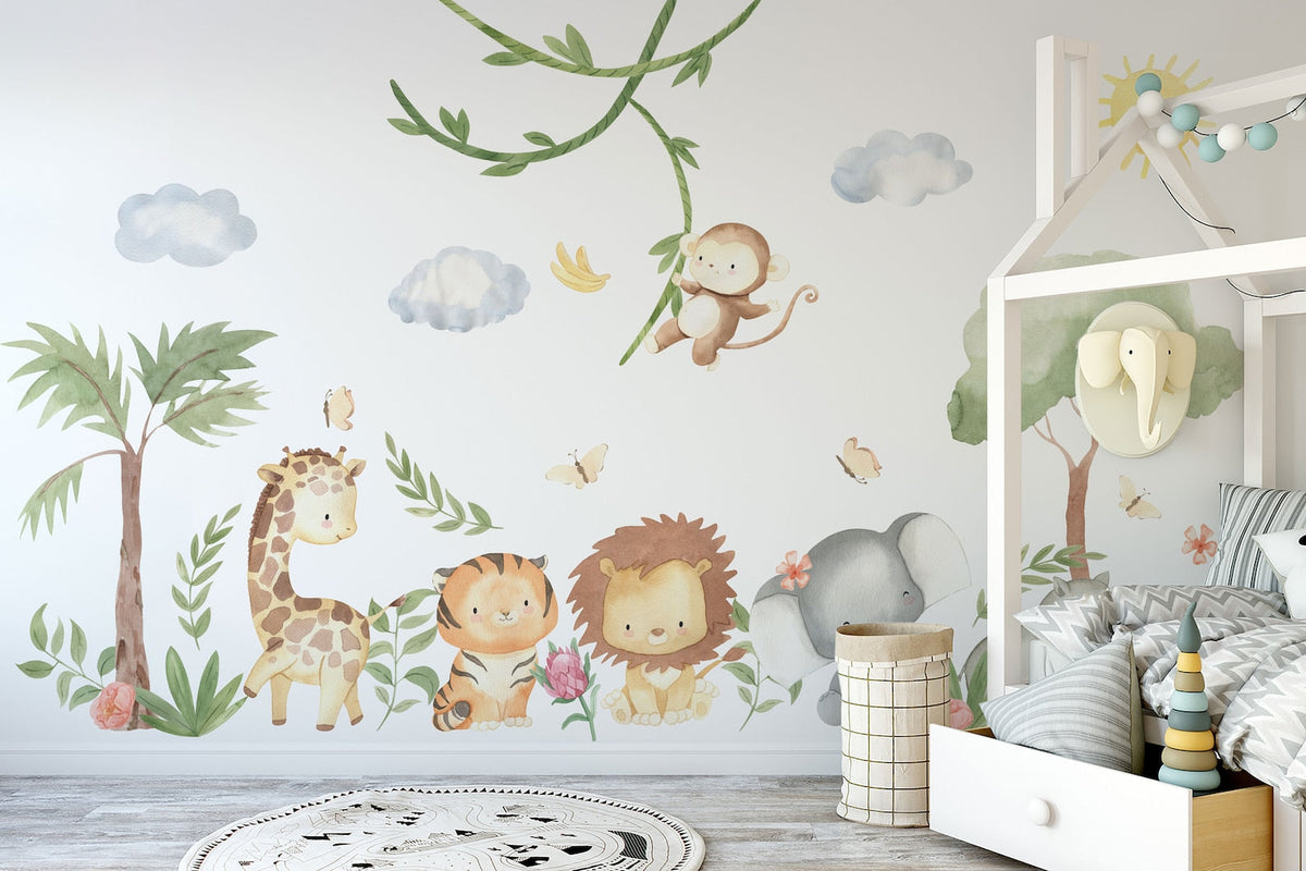 XL Safari Wall Sticker Set for Kids | Safari Animals | Wall Decal | Africa Watercolor Decal Set | Nursery Peel and Stick Nursery Wall Decor