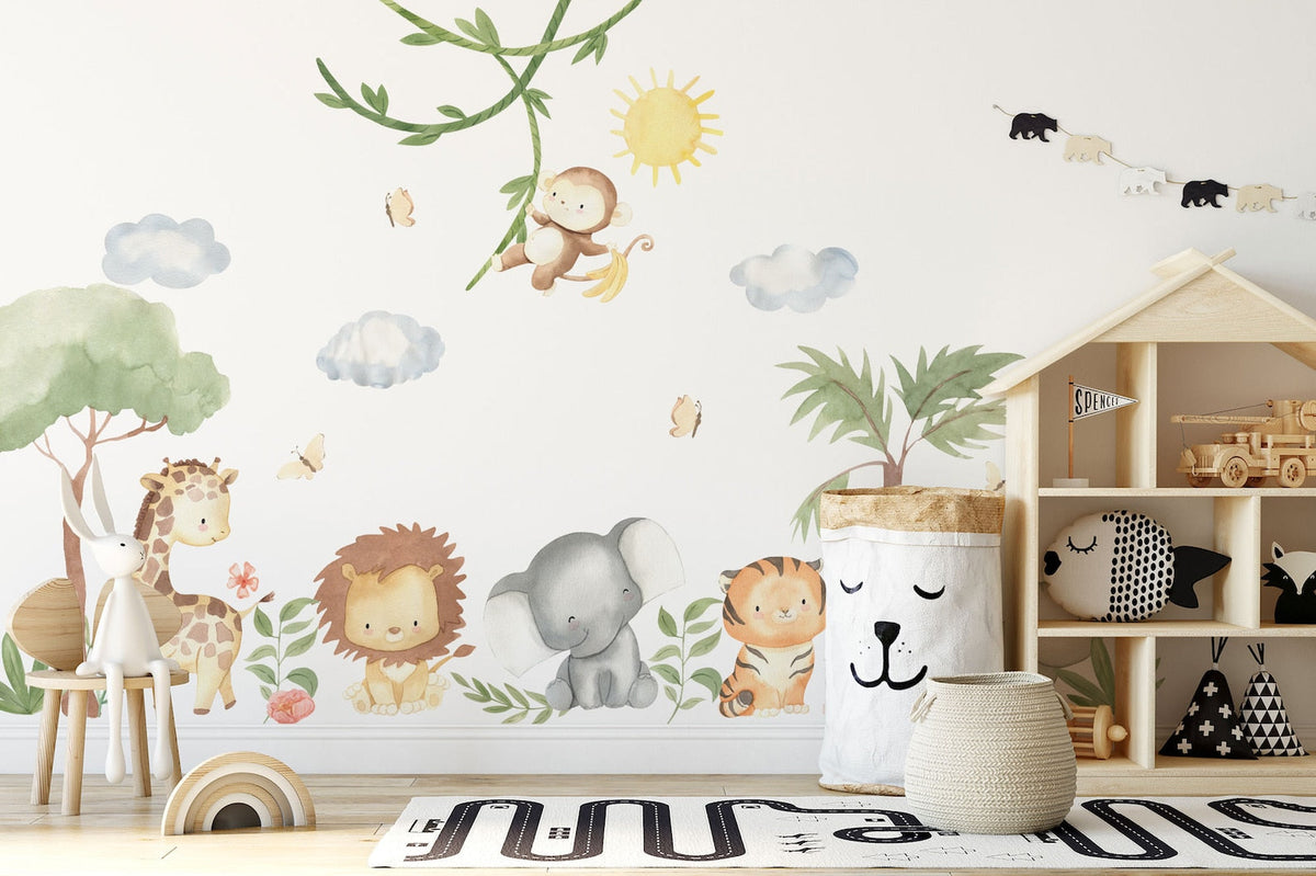 XL Safari Wall Sticker Set for Kids | Safari Animals | Wall Decal | Africa Watercolor Decal Set | Nursery Peel and Stick Nursery Wall Decor