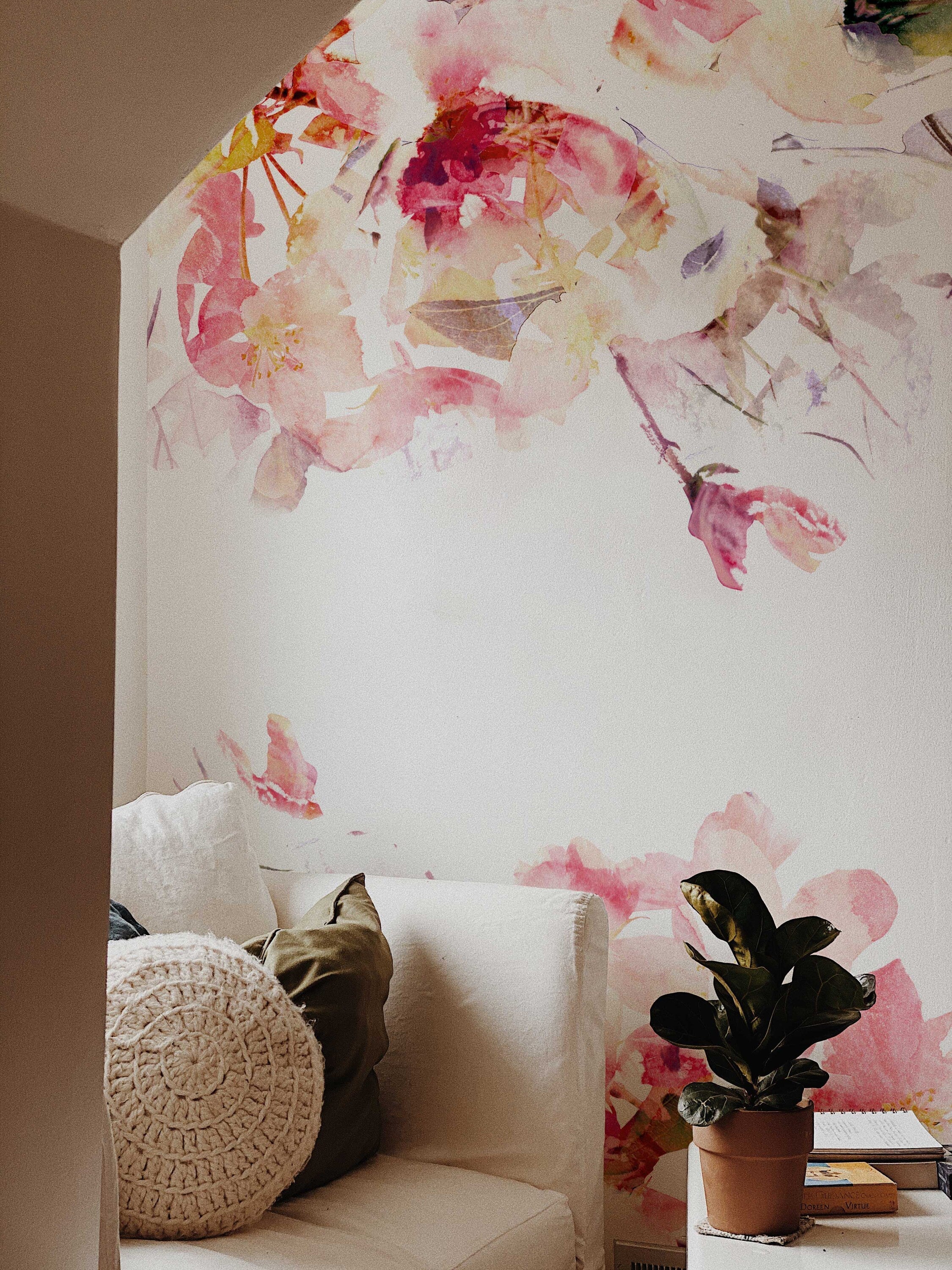 Spring Floral Removable Wallpaper | Watercolor Wall Mural | Peel and Stick Material | Flowers Art Print | Romantic Bedroom Decoration | Pink