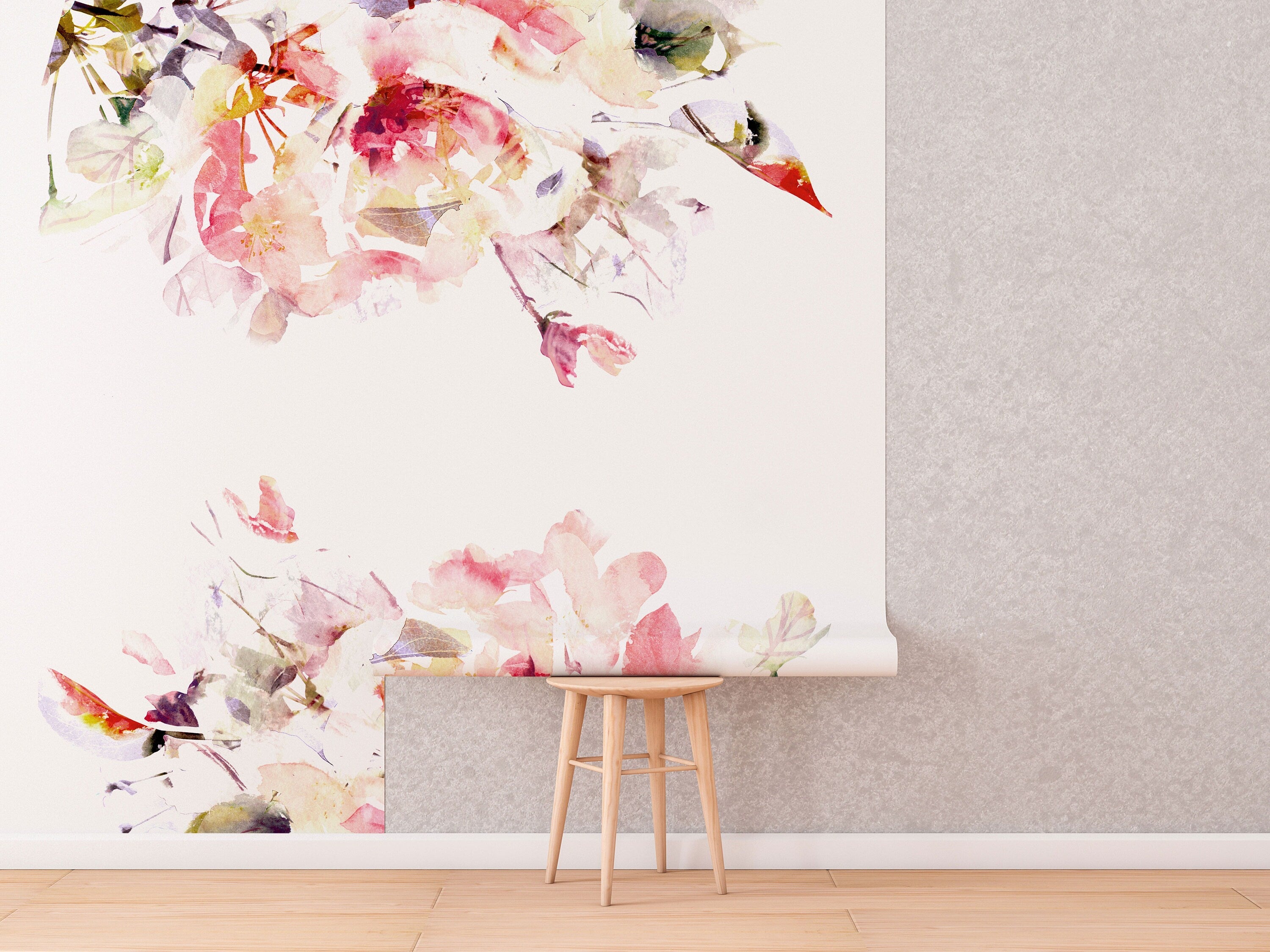 Spring Floral Removable Wallpaper | Watercolor Wall Mural | Peel and Stick Material | Flowers Art Print | Romantic Bedroom Decoration | Pink