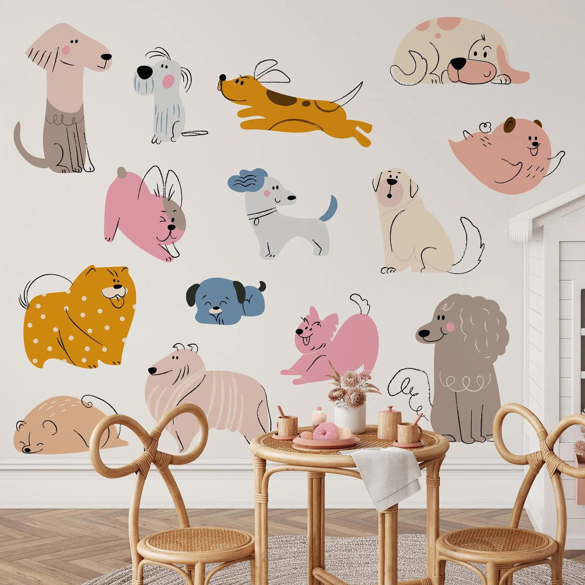 Hand Drawn Dogs Nursery Wall Decals - Cute Puppy Wall Stickers for Baby Room Décor & Kids Bedroom Art