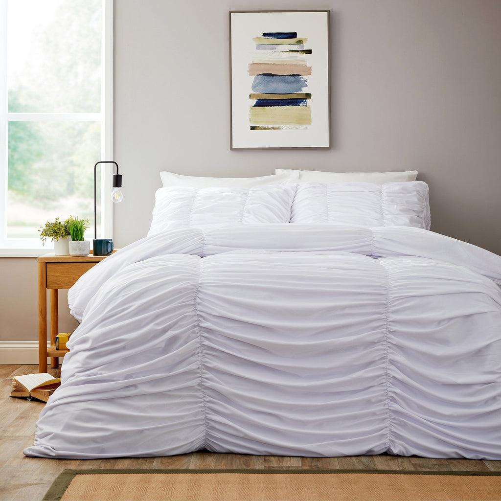 OLIVIA ROCCO Ruched White Microfibre Duvet Cover Set With Pillowcases
