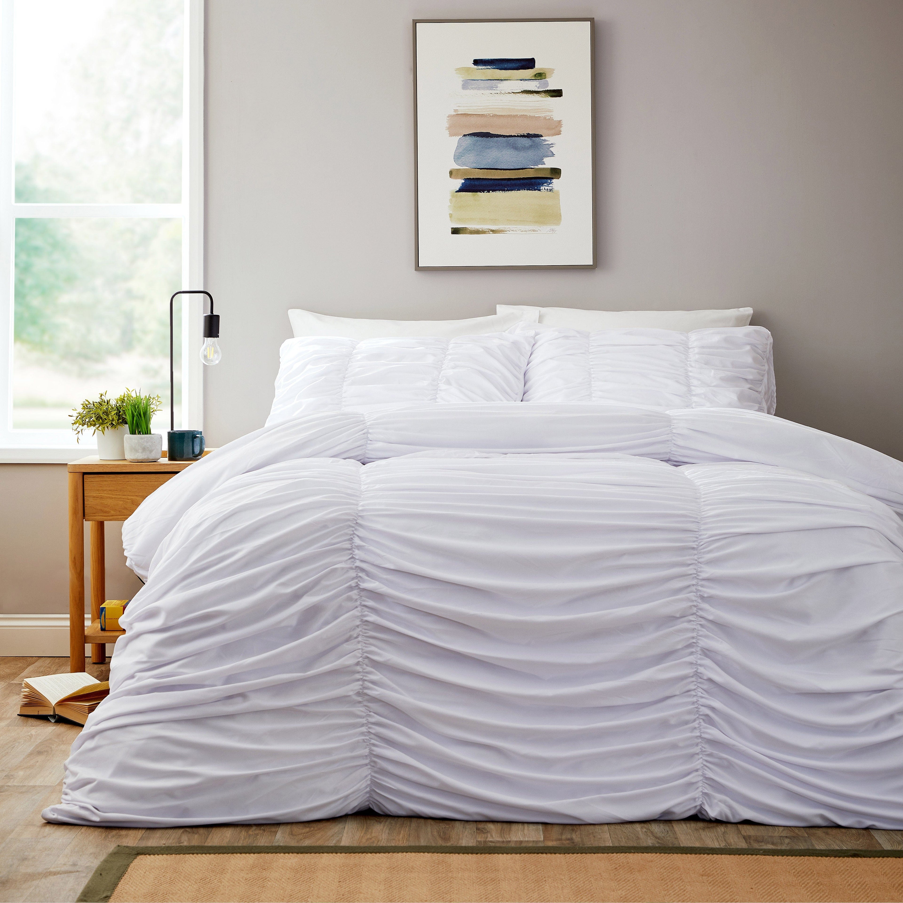 OLIVIA ROCCO Ruched White Microfibre Duvet Cover Set With Pillowcases