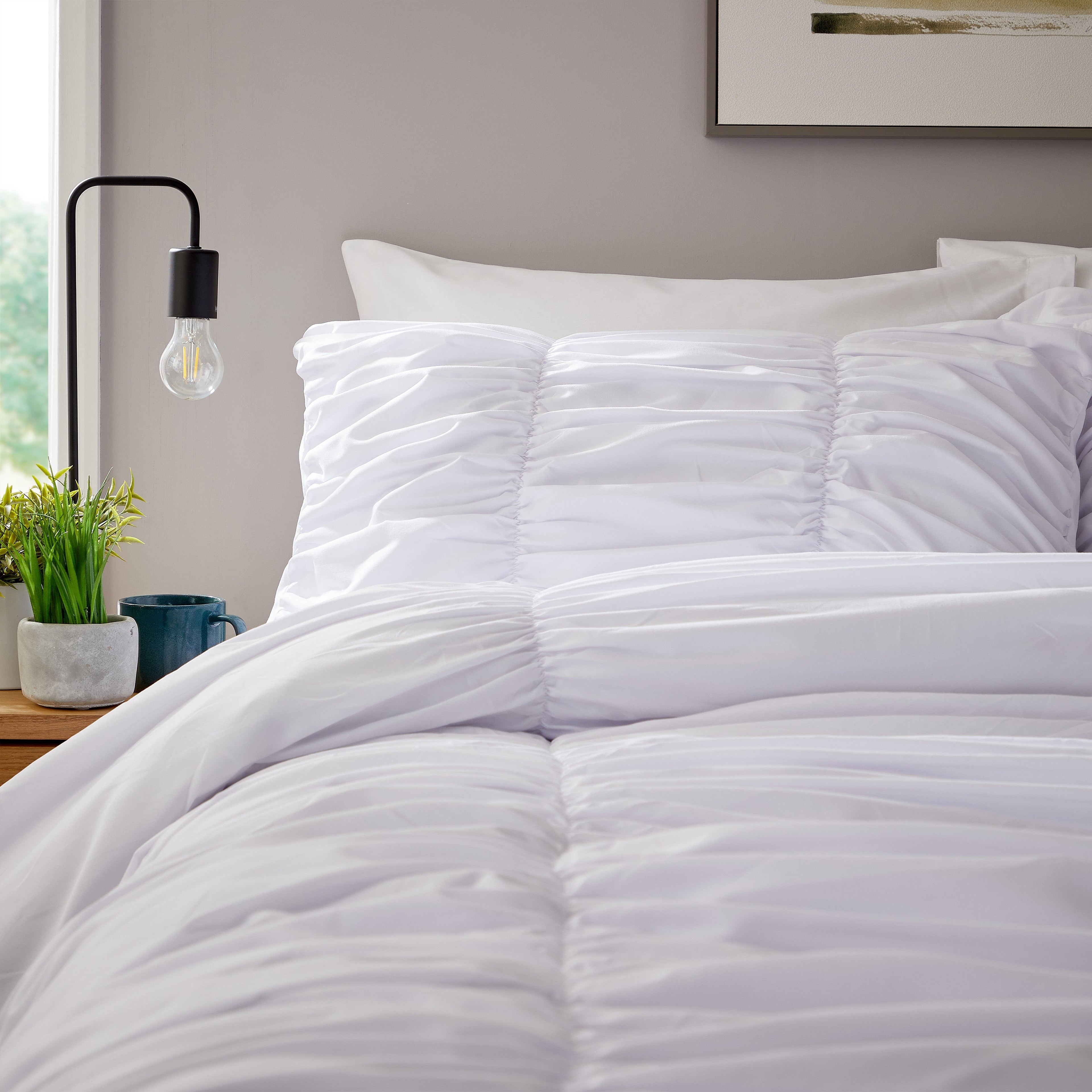 OLIVIA ROCCO Ruched White Microfibre Duvet Cover Set With Pillowcases