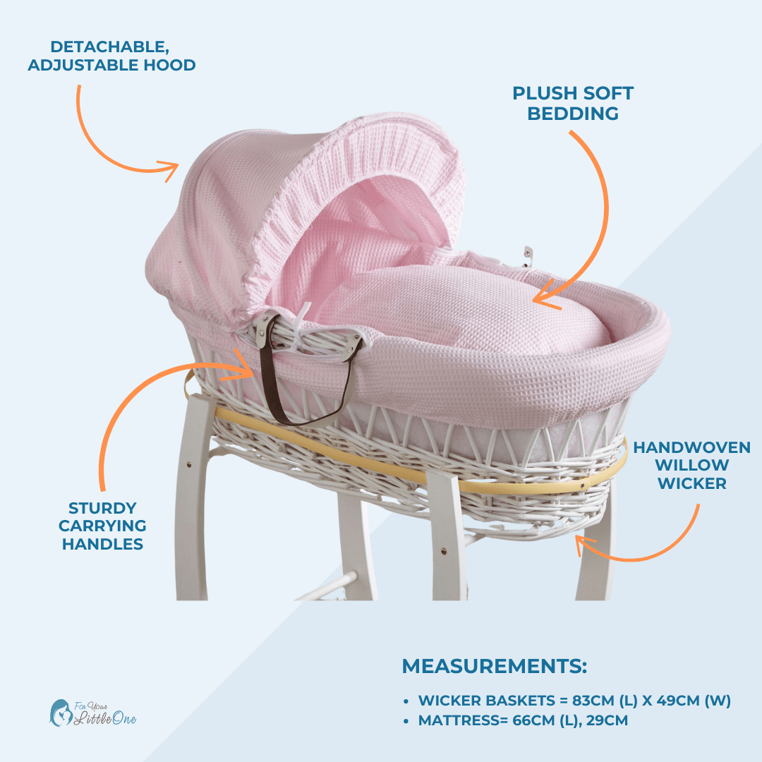 Blue Dimple White Wicker Baby Moses Basket With Stand