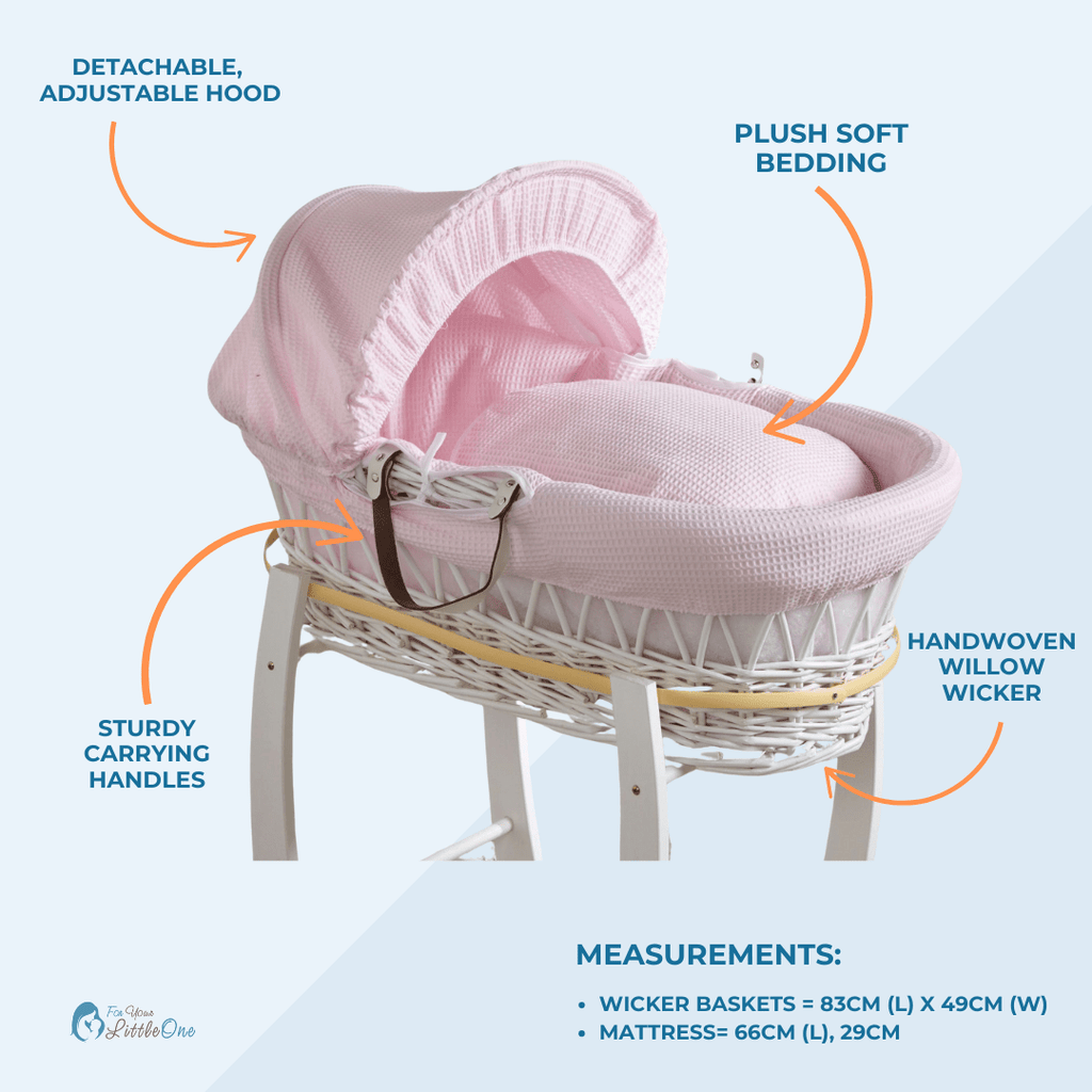 Pink Waffle Grey Wicker Baby Moses Basket With Stand